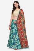 Teal Blue Satin Silk Printed A-Line Style Lehenga 
