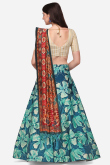Teal Blue Satin Silk Printed A-Line Style Lehenga 