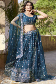 Teal Blue Sequins Embroidered Net Flared Style Lehenga