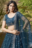 Teal Blue Sequins Embroidered Net Flared Style Lehenga