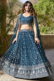 Teal Blue Sequins Embroidered Net Flared Style Lehenga