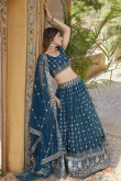 Teal Blue Sequins Embroidered Net Flared Style Lehenga