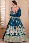 Teal Blue Silk Blend Embroidered Lehenga For Wedding