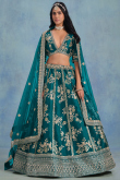 Teal Blue Silk Blend Embroidered Panelled Style Lehenga For Wedding