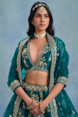 Teal Blue Silk Blend Embroidered Panelled Style Lehenga For Wedding