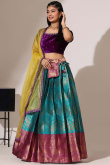 Teal Blue Silk Embroidered A Line Lehenga 