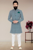 Teal Blue Silk Embroidered Men Sherwani
