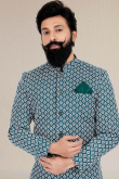 Teal Blue Silk Embroidered Men Sherwani