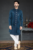 Teal Blue Silk Jacket Style Men's Sherwani