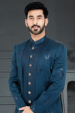 Teal Blue Silk Jacket Style Men's Sherwani