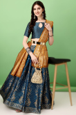 Teal Blue Silk Woven Zari Panelled Style Lehenga