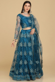 Teal Blue Stone Embellished Net Panelled Style Lehenga 