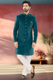 Teal Blue Suede Festive Wear Straight Cut Men's Sherwani 