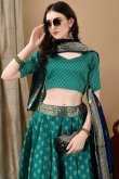 Teal Green Art Silk Woven Zari Panelled Style Lehenga