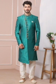 Teal Green Banarasi Silk Embroidered Men's Sherwani with Churidar