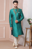 Teal Green Banarasi Silk Embroidered Men's Sherwani with Churidar