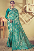 Teal Green Banarasi Silk Saree With Art Silk Blouse