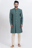Teal Green Cotton Silk Men's Sherwani with Weaved Work for Wedding