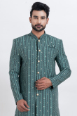 Teal Green Cotton Silk Men's Sherwani with Weaved Work for Wedding