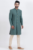 Teal Green Cotton Silk Men's Sherwani with Weaved Work for Wedding