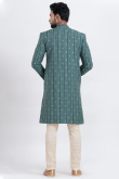 Teal Green Cotton Silk Men's Sherwani with Weaved Work for Wedding