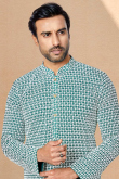 Georgette Teal Green Thread Embroidered Mehndi Men Kurta Pajama