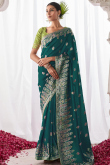Teal Green Kora Silk Weaved Traditional Saree 