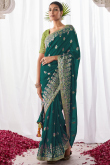 Teal Green Kora Silk Weaved Traditional Saree 