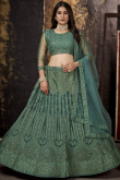 Net Teal Green Resham Embroidered Wedding Wear Lehenga