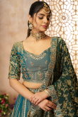Teal Green Silk Blend Embroidered Panelled Style Lehenga 