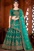 Teal Green Taffeta Silk Embroidered Panelled Style Lehenga