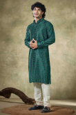Teal Green Thread Viscose Embroidered Straight Cut Men's Kurta Pajama 