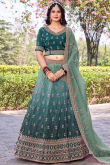 Teal Green Tissue Silk Flared Style Lehenga with Printed Work