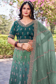 Teal Green Tissue Silk Flared Style Lehenga with Printed Work