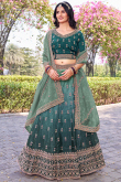 Teal Green Tissue Silk Flared Style Lehenga with Printed Work