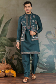 Teal Green Viscose Silk Men's Kurta Pajama With Embroidered Jacket