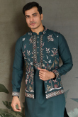 Teal Green Viscose Silk Men's Kurta Pajama With Embroidered Jacket
