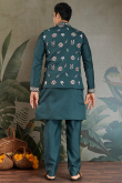 Teal Green Viscose Silk Men's Kurta Pajama With Embroidered Jacket