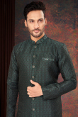 Teal Green Weaved Thread Jacquard Asymmetrical Men's Sherwani