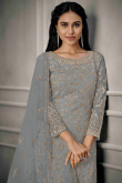 Resham Thread And Sequins Embroidered Net Grey Trouser Suit
