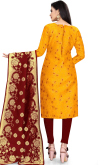 Thread Embroidered Brocade Turmeric Yellow Churidar Suit