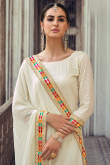 Thread Embroidered Georgette Cream Churidar Suit