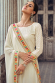 Thread Embroidered Georgette Cream Churidar Suit