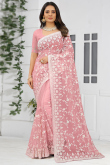 Thread Embroidered Net Pink Saree