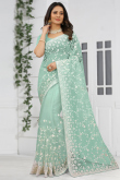 Thread Embroidered Net Seafoam Green Saree