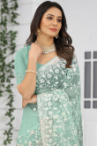 Thread Embroidered Net Seafoam Green Saree