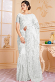 Thread Embroidered Net White Saree