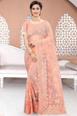 Thread Work Creamy Pink Net Embroidered Saree