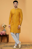 Thread Work Embroidered Art Silk Mustard Yellow Men Sherwani