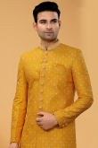 Thread Work Embroidered Art Silk Mustard Yellow Men Sherwani